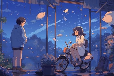 Premium Photo | Anime scene of a girl on a motorcycle and a boy on a ...