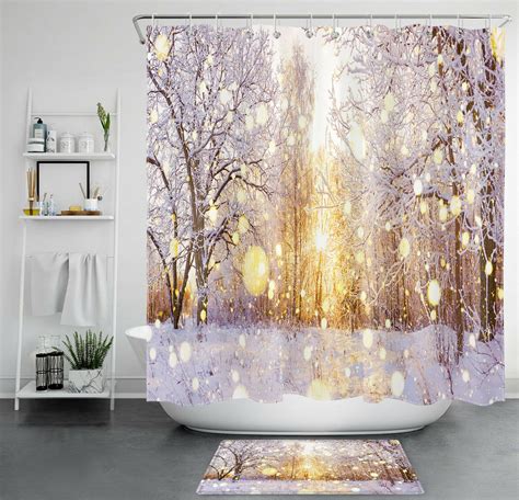 Winter Wonderland Sunny Snow Forest Shower Curtain Set With Hooks