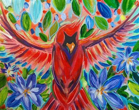 Cardinal And Clematis 10x10x1 2 Original Painting Whimsical Bird Art Canvas Nature Painting