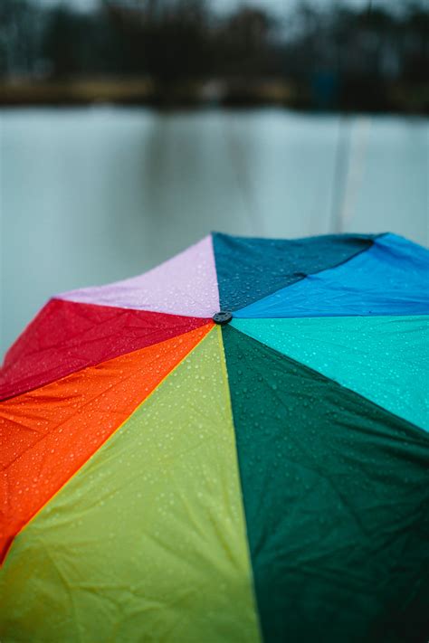 Colorful umbrella in rainy weather against lake · Free Stock Photo