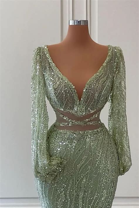 Daisda Light Green Long Sleeves V Neck Mermaid Evening Dress With