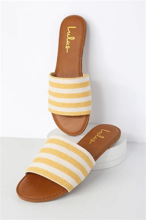 Cute Yellow Slides Striped Slide Sandals Flat Slide Sandals Lulus