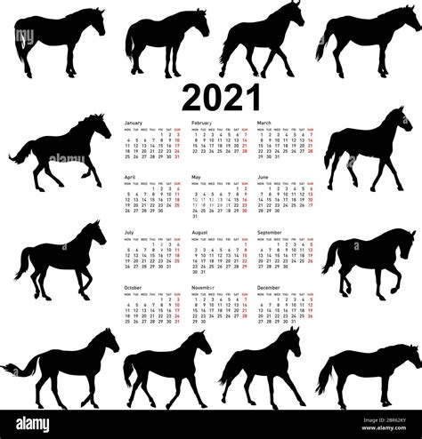 Calendario Para 2021 De Siluetas De Caballos Aisladas Sobre Fondo