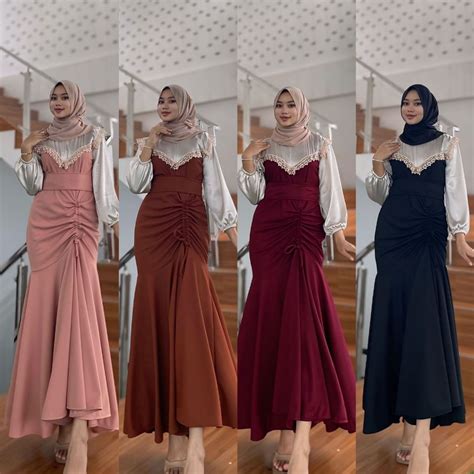 Jual Maudy Dress Serut Shimer Cradenza Mix Knit Model Mermaid Lebaran