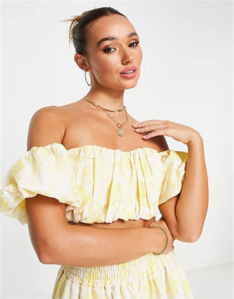 Asos Edition Off Shoulder Puff Crop Top In Yellow Floral Jacquard Asos