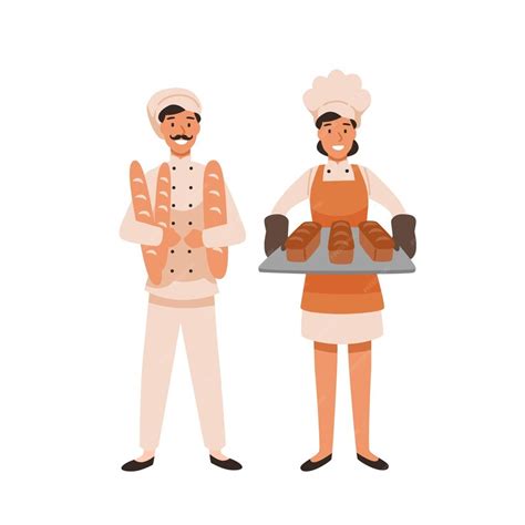 Premium Vector Smiling Bakers Flat Vector Illustration Professional Bread Makers Holding