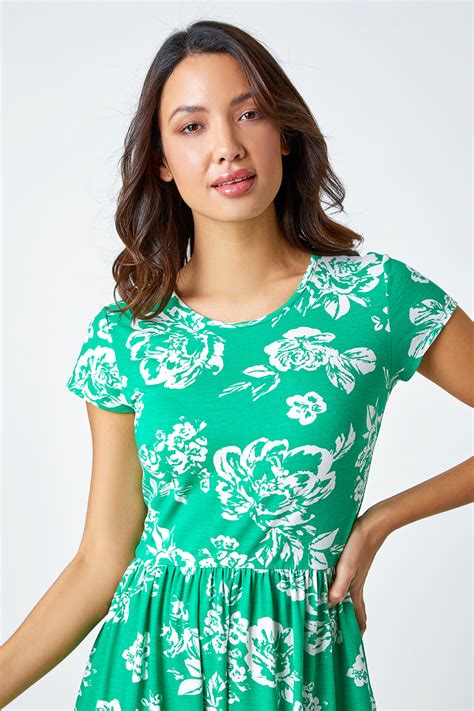 Green Floral Print Midi Stretch Dress Roman Uk