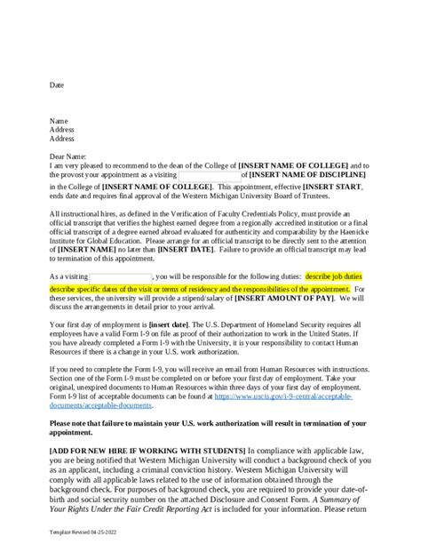 Sample Letter Of Offer Visiting Professor Western Michigan