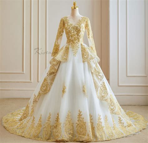 Stunning Ivory Gold Wedding Dress Ball Gown Bride With Long Etsy