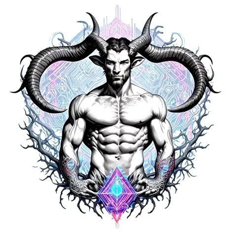 Cyber Sigilism Gay Male Horned Satyr With Massive Tattoo BlackInk AI