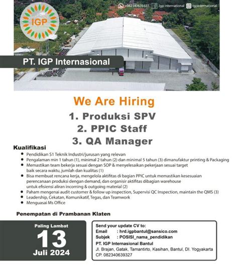 Lowongan Kerja Produksi SPV PPIC Staff QA Manager Di PT IGP