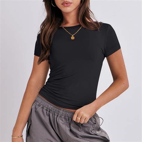 Jiasen Queen Womens Basic T Shirts Scoop Neck Short Sleeve Crop Tops