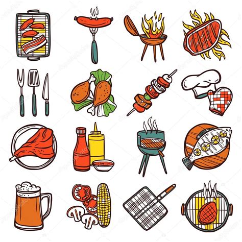 Bbq Grill Colored Icons Set Stock Vector Macrovector