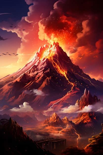 Premium AI Image | a painting of a mountain with a fire coming out of ...