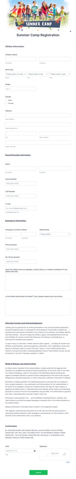 Summer Camp Detailed Registration Form Template Jotform