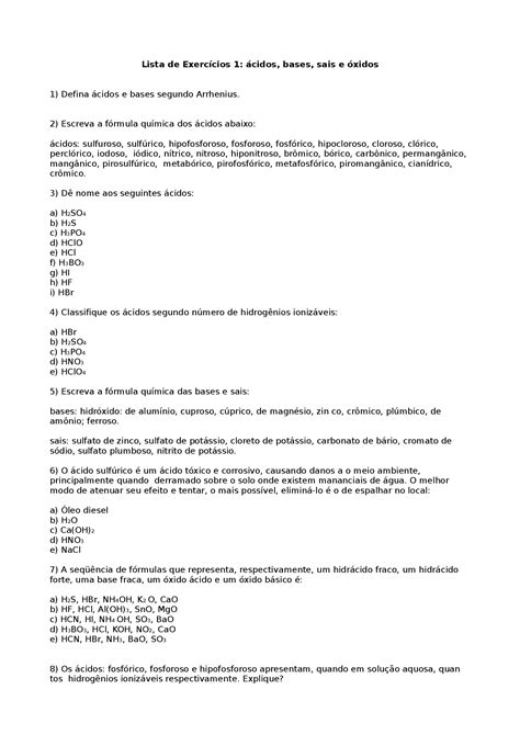 Pdf Lista De Exercícios 1 ácidos Bases Sais E óxidos · Lista De