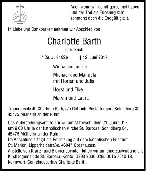 Traueranzeigen Von Charlotte Barth Trauer In Nrw De