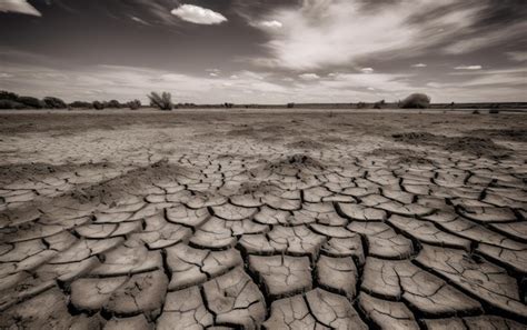 Una Tierra Agrietada Y Agrietada Con Un Cielo Nublado En El Fondo