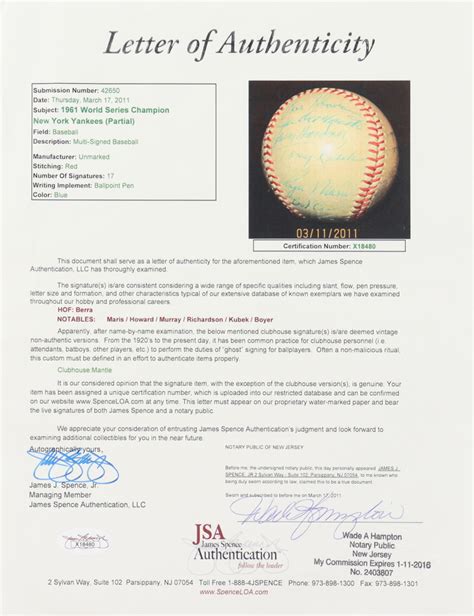 1961 World Series Champion Yankees Baseball Team Signed By 17 With