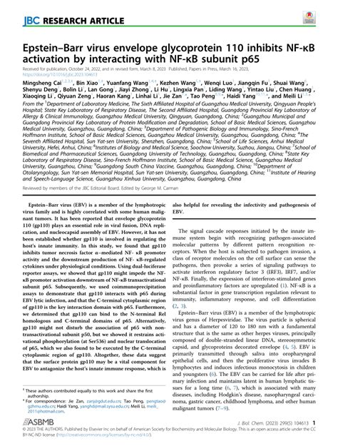 Pdf Epstein Barr Virus Envelope Glycoprotein 110 Inhibits Nf κb