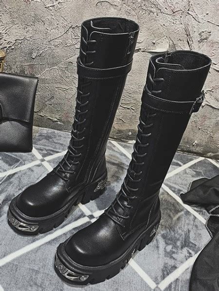 Black Gothic Punk Lace Up Knee Platform Boots For Women