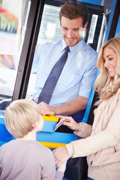 Mother And Son Boarding Bus And Buying Ticket Stock Photo Image Of