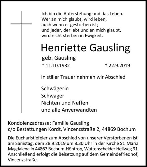 Traueranzeigen Von Henriette Gausling Trauer In Nrw De