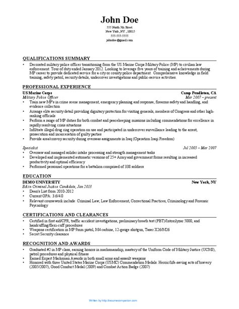 Us Marine Corps Resume Example Resume Companion Military Police