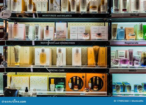 Cosmetics And Skincare Products On A Store Shelf In Sephora Shop