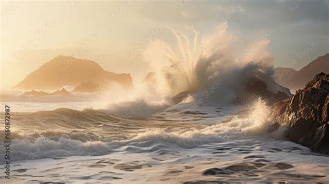 Ocean Waves At High Tide Capturing Water Texture And Foam Mist In The