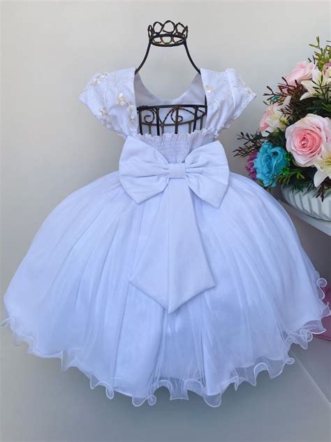 Vestido Infantil Branco Batizado Apliques Cinto P Rolas Rosa Charmosa