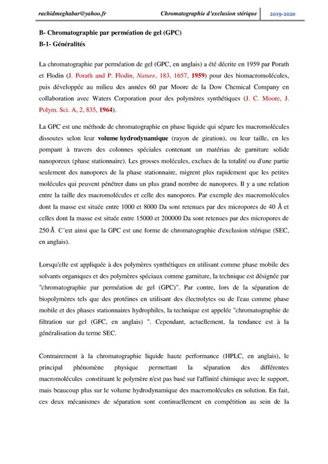 Chromatographie dexclusion stérique B Chromatographie par