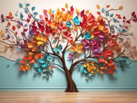 Fondo de ilustración de árbol colorido con hojas en ramas colgantes