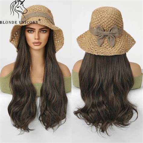 Blonde Unicor Summer Hat Wigs Cap With Hair Black Wavy Wig Connect