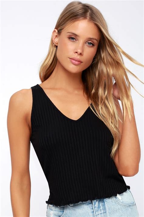 Cool Black Tank Top Ribbed Tank Top Lettuce Edge Top Lulus