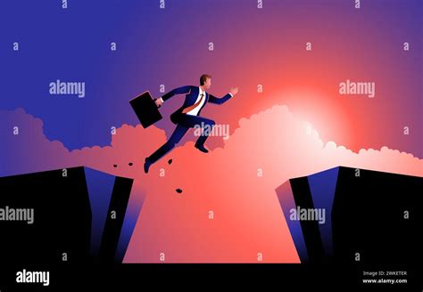 Businessman Fearlessly Jumps Over A Ravine A Depiction Of Conquering