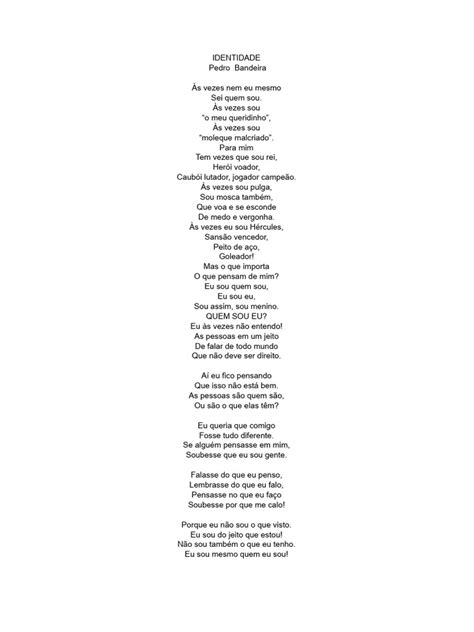 Interpretação Do Poema Identidade De Pedro Bandeira Com Gabarito - Poesia "Identidade" de Pedro Bandeira | PDF
