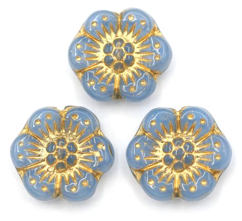 3pc 14mm Czech Pressed Glass Daisy Flower Bead Blue Opal Gold Wash