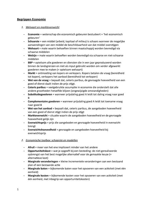 Begrippenlijst Economie Begrippen Economie 1 Welvaart En
