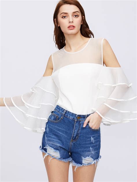 Contrast Sheer Mesh Tiered Bell Sleeve Top Sheinsheinside