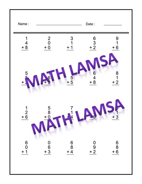 1 Digit Addition Worksheets Vertical Format 3 Addends Addition