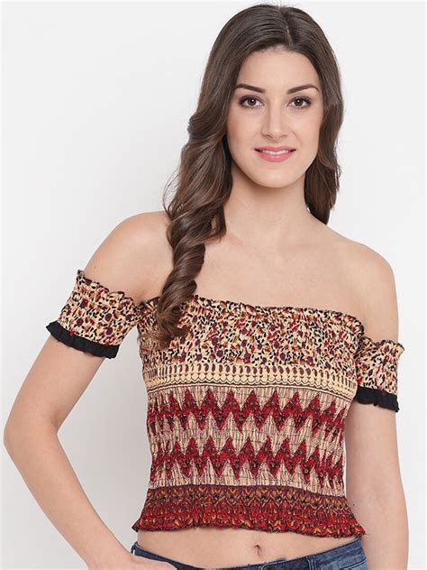 Buy Aawari Maroon And Beige Print Off Shoulder Bardot Crop Top Tops For