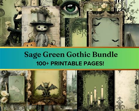 Halloween Junk Journal Digital Paper Bundle Sage Green Gothic