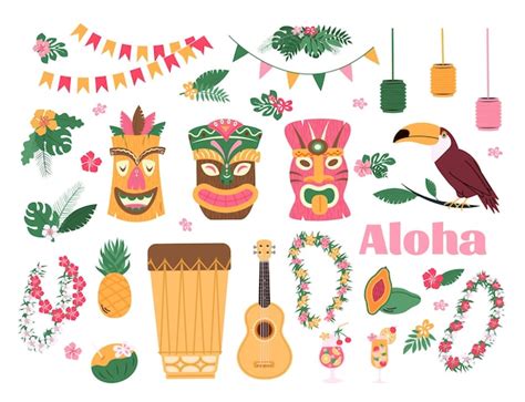 Conjunto de atributos tradicionales de hawaii ilustración de vector de