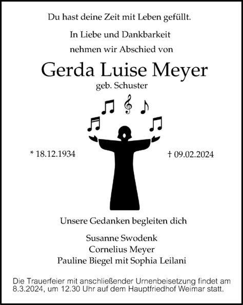 Traueranzeigen Von Gerda Luise Meyer Trauer In Thueringen De