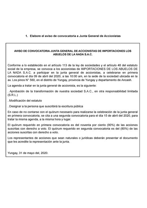 Emprearial T2 Informe 1 Elabore El Aviso De Convocatoria A Junta