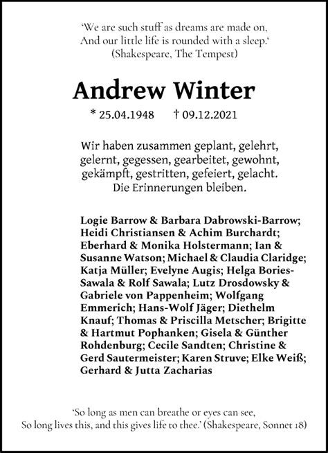 Traueranzeigen Von Andrew Winter Trauer Gedenken