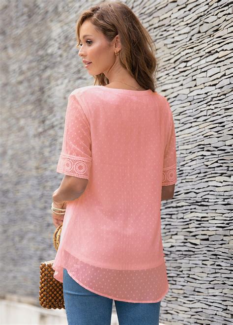 Lace Pink Short Sleeve Split Neck Blouse Rosewe USD 37 98