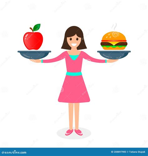 Woman Balances Fast Food And Apple Healthy Food On Scales Loss Weight Diet Nutrition Fitness