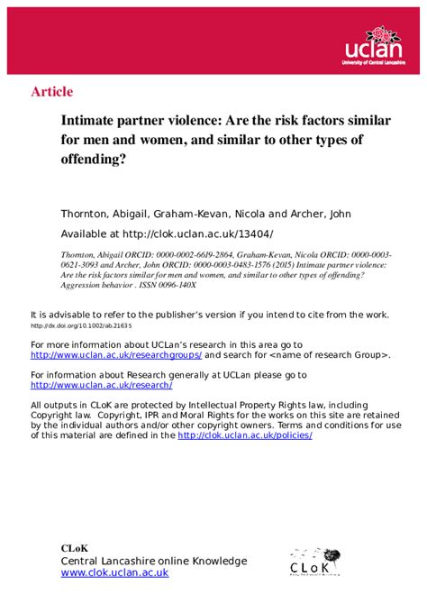 Pdf Intimate Partner Violence Are The Risk Factors Similar For Men